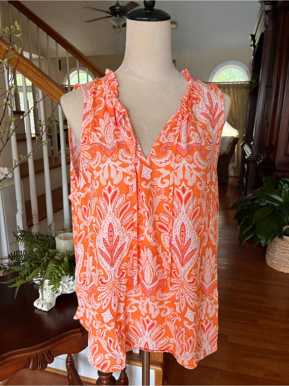 LOFT Orange and White Paisley Ruffle Neck Blouse